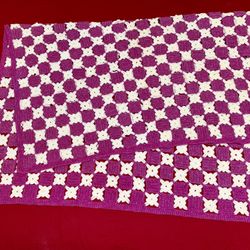 Hand Knit/Crochet Purple/White Checkered Throw Blanket 48”x 67”  