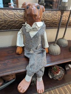 Vintage Carved Wooden Dog Figurine in Tweed Suit Bulldog