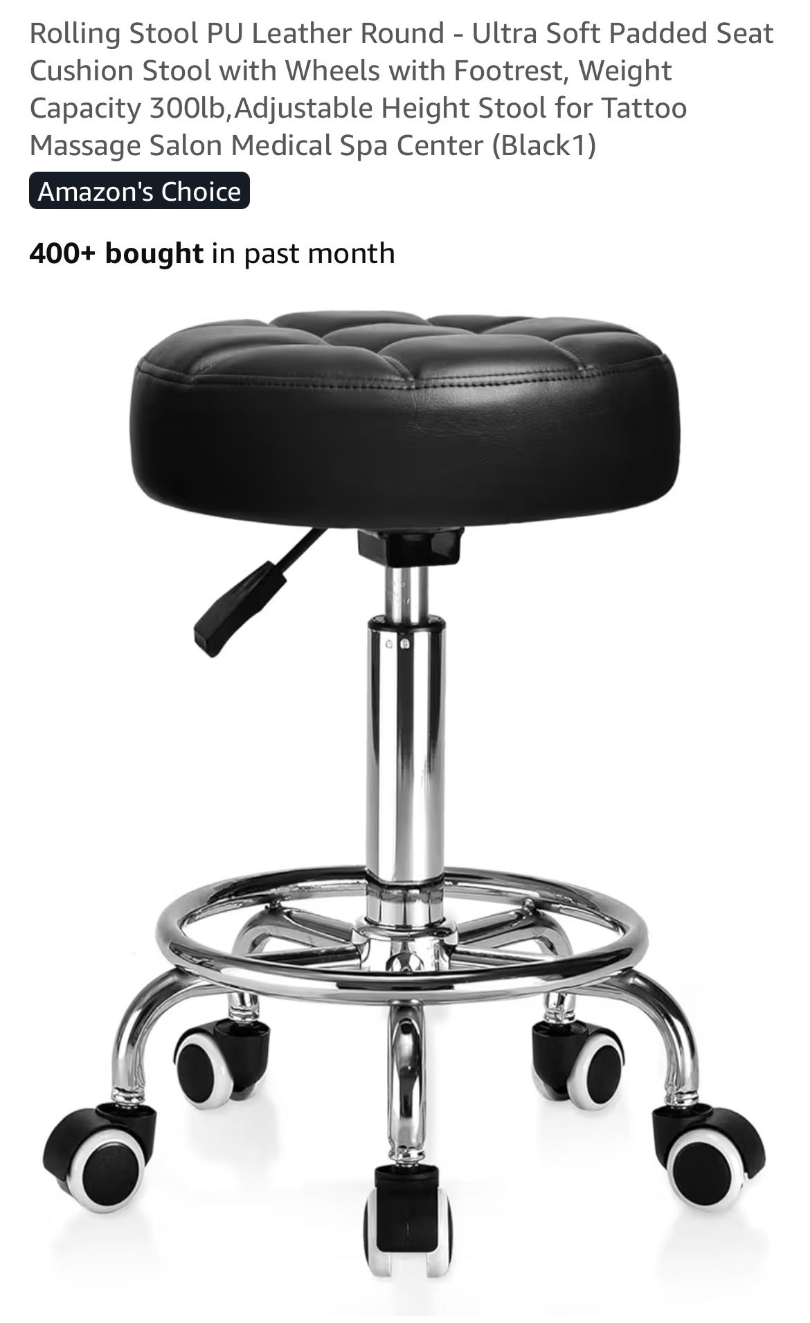 Rolling Black Faux Leather Stool With Foot Rest