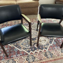 Set of Two Solid Wood Walnut Chairs with Black Faux Leather