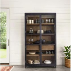 Clarence Rustic Lodge Black Oak Wood Clear Glass Door Display Case