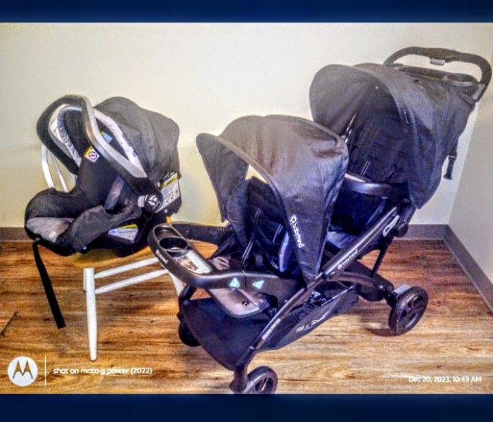 New Baby Trend Sit 'N Stand Double 2.0 Stroller With Infant Car seat. Color: "Stormy"