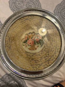 Vintage silver tray with lace
