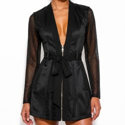 Privy Goth Mesh Zip Front Belted Mini Dress Sheer Sleeve Skater Dress Black S