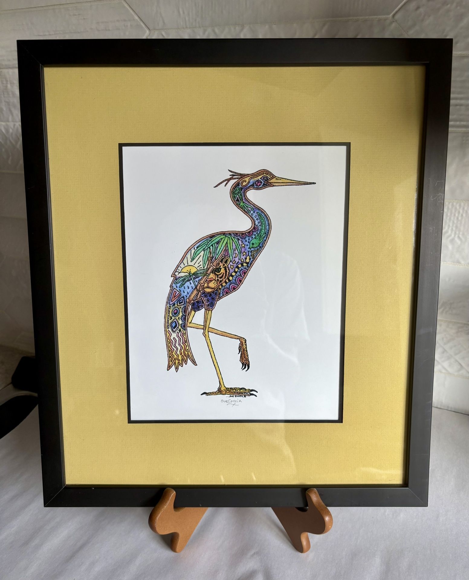 Signed Custom Framed Great Blue Heron Print By Sue Coccia