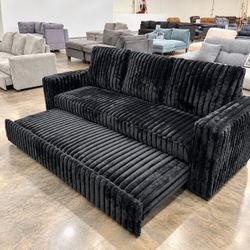 Black Corduroy Sofa with Pull-Out Bed