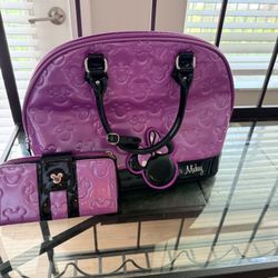 Disney Minnie Mouse Purse & Wallet Set – Purple Patent Leather Style, Embossed Mickey Design, Authentic Disney Parks