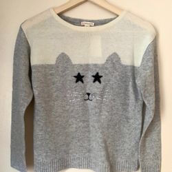 Crewcuts Girls size 12 ivory grey cat graphic Long Sleeve Sweater Sweatshirt Top Shirt Pullover 