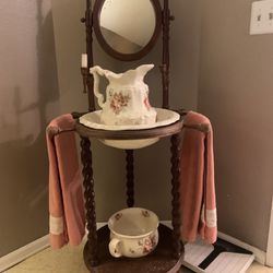 🚨 Antique Wooden Wash Bathing Stand With Mirror, Pitcher, Bowl And Basin. 