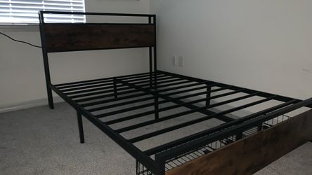 Metal Bed Frame with Wood Headboard