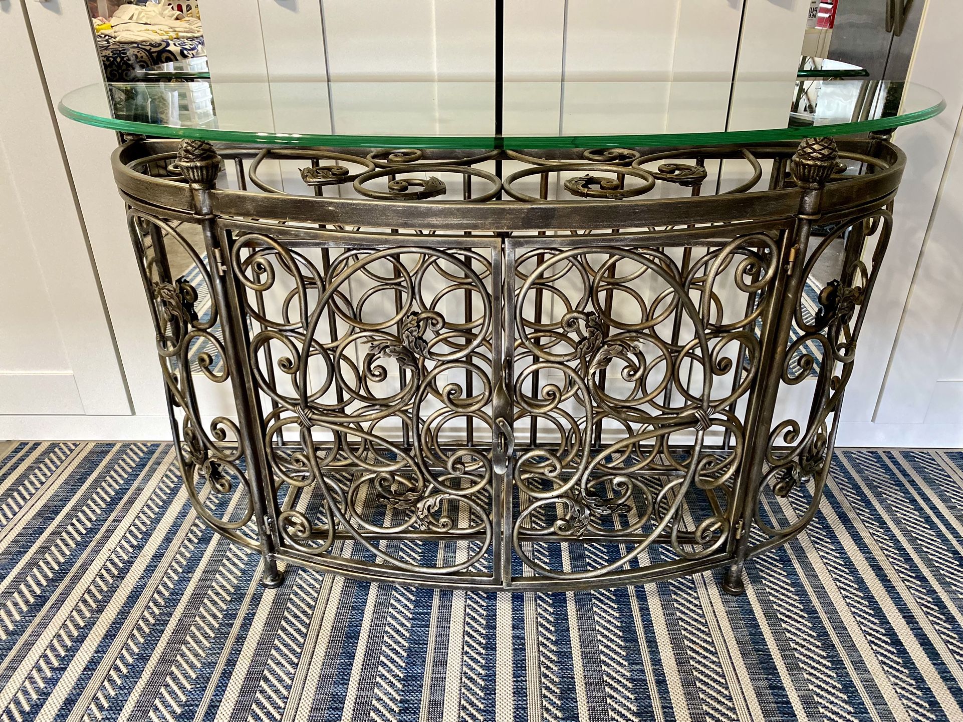 Beautiful Ornate Console Table 24 Bottle Wine Rack Display w/ Beveled Glass Top 51Lx18.5Wx30H