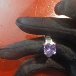 Silver Ring With Bagguette Diamonds And Purple Ice Stone 