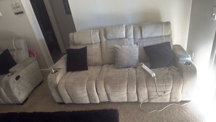 Gray Fabric Reclining Sofa with Cup Holders