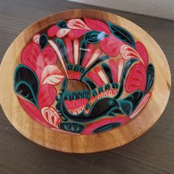 Mexican Handcrafted & hand-painted Wood bowl Pink & Blue Bird High Glass Finish