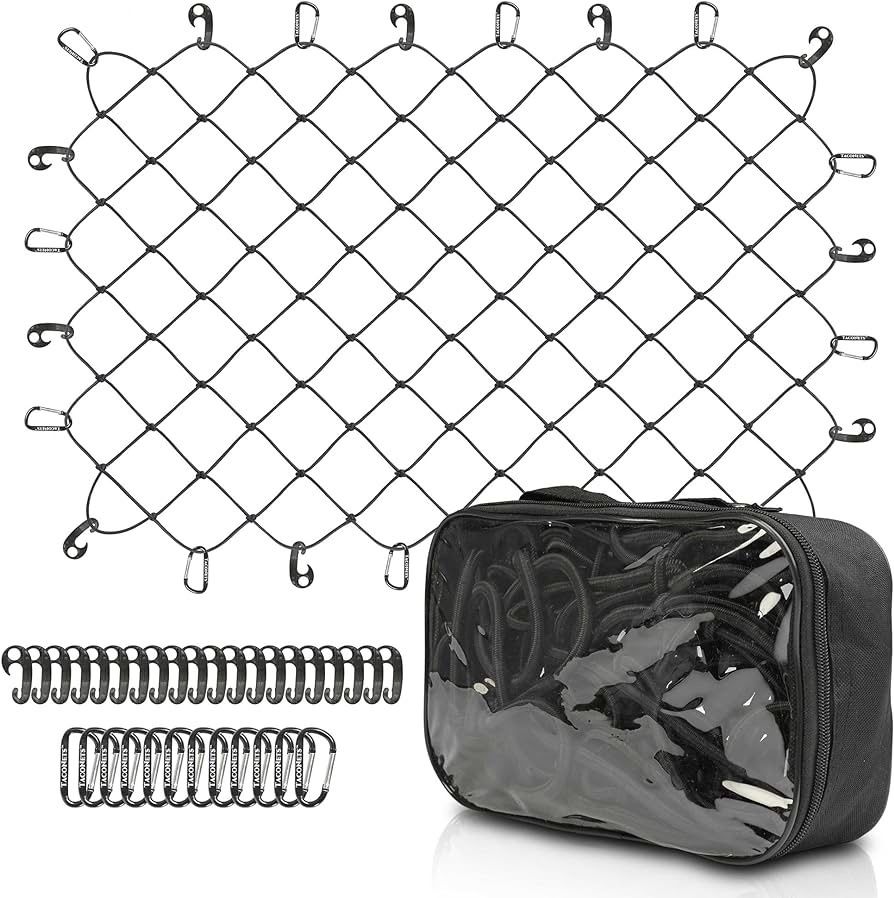 Cargo Net for Pickup Truck Bed- 4' x 6' - Heavy Duty 8mm Premium Bungee Net Mesh with 12 Metal Carabiners & 20 Durable Hooks - Designed in USA - Fits 