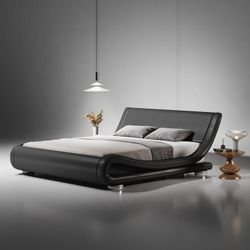 Queen Sleigh Platform Bed Frame with Faux Leather Ergonomic Headboard, Low Profile Design