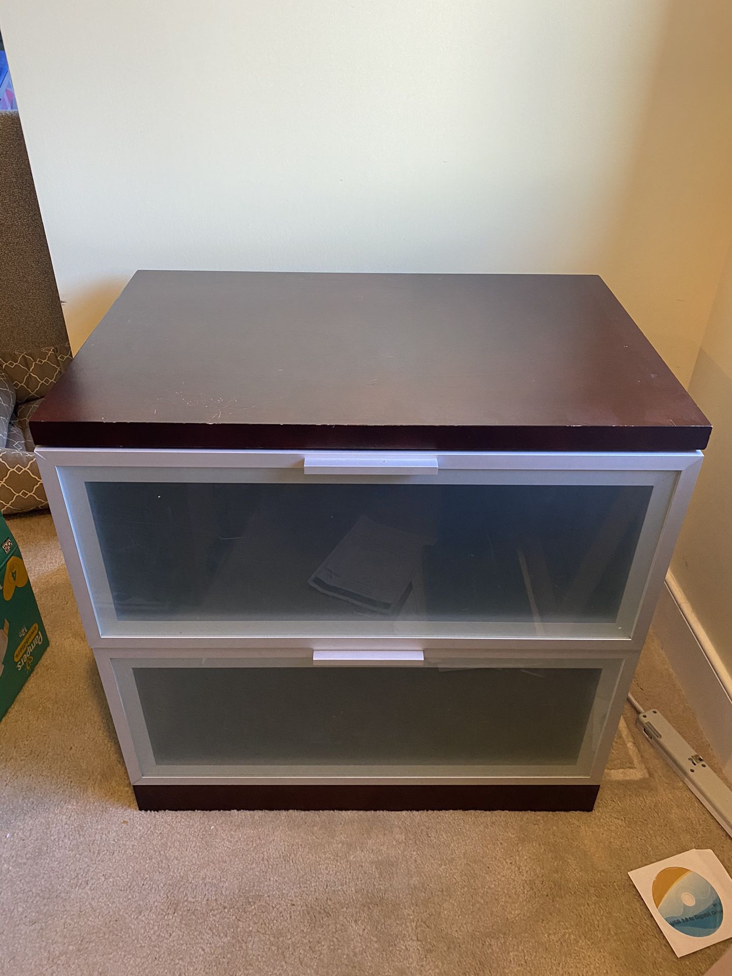 Frosted glass double file cabinet with wood top