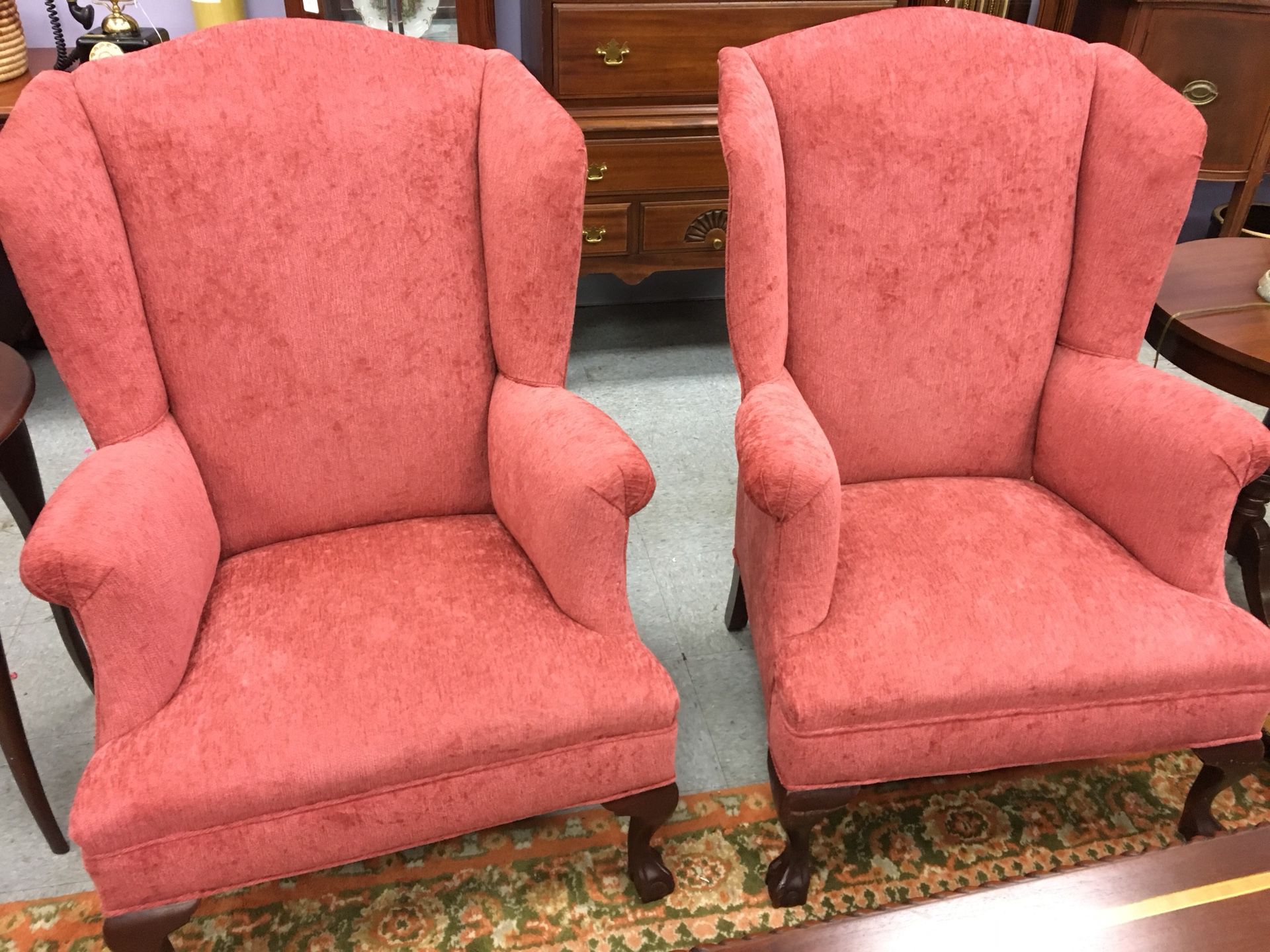 Pair of vintage wingback chairs claw feet
