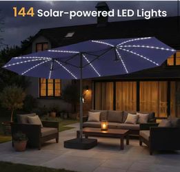 15 ft. x 9 ft. Solar Lighted Market Patio Umbrella in Navy Blue Outdoor Large Table Umbrella with Crank Handle and Base