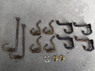 Vintage lot of coat hooks, cast iron/brass/steel, w/cigar box