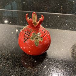 Vintage Handmade Armenian Pomegranate Mini Clay Container 4.5” high 3.5” diam