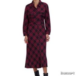 SZ Large Sandra Darren Plaid Midi Shirt Button Front Dress NWT 