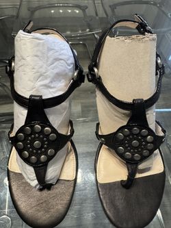 COACH Harper Black Leather Silver Stud Slingback Shoes Wedge Sandals