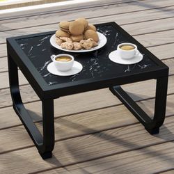 Outdoor Patio Side Table, Modern Metal Coffee Table with Tempered Glass Table Top, Square Bistro Table End Table for Outside, Balcony, Garden, Black