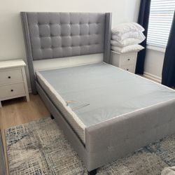 Grey Tufted Upholstered Bed Frame With box Spring. Queen size!