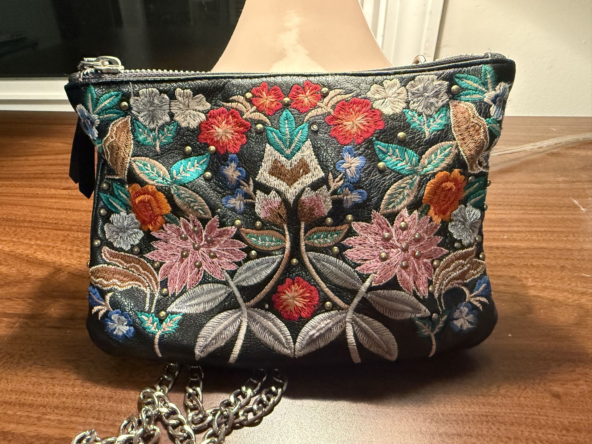 TOPSHOP Leather Embroidered Crossbody Boho Bag
