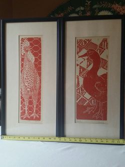 Set of 2 Framed Woodblock Prints (Crowing Rooster and Duck) Signed Remaily