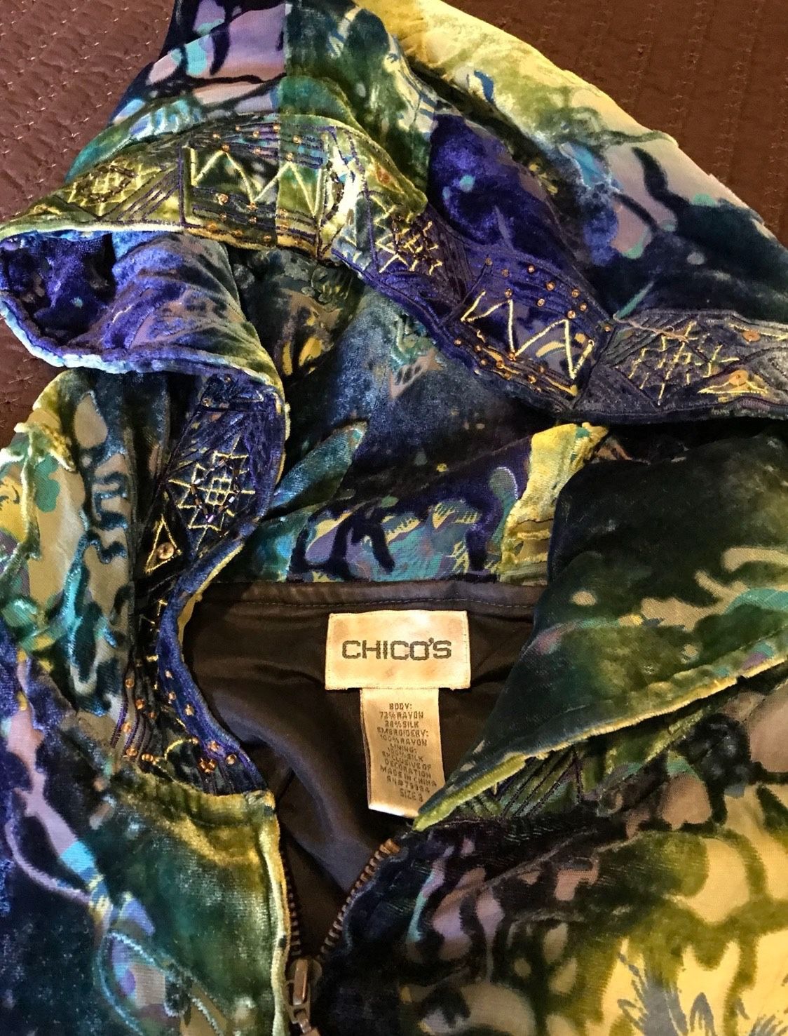 Chicos Velvet Zip Hoodie Silk Blend Boho Sequin Sweatshirt Womens XL