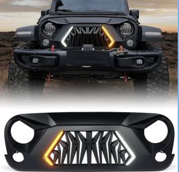 Matte Black Front Grill Grille with Running and Turn Signals Light Compatible with 2007-2018 Jeep Wrangler JK JKU