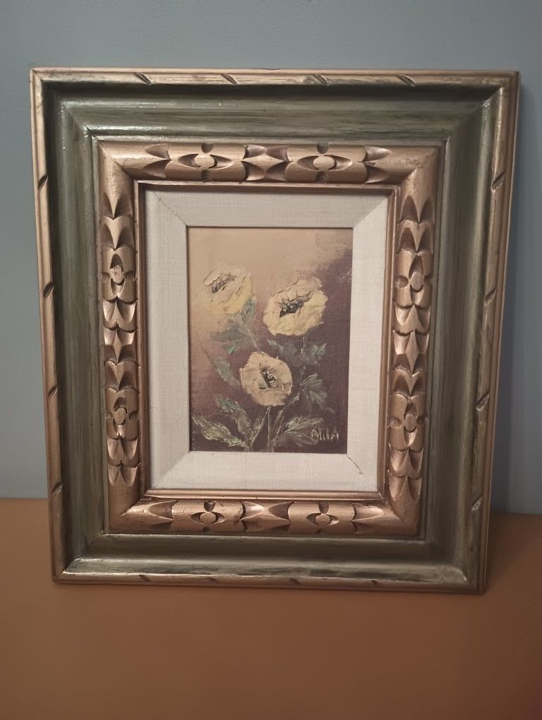 VINTAGE OIL PAINTING ON CANVAS SIGNED CARVED WOOD GOLD GILD FRAME 15" X 13"