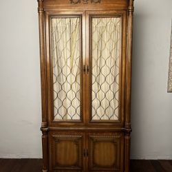 Large Solid Wood Armoire / Wardrobe Cabinet — European Traditional, Fruitwood Finish, Decorative Pan