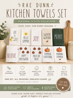 🧺✨ Rae Dunn Decorative Kitchen Towels Set – Seasonal & Cute Collection 🎃🌞🎄