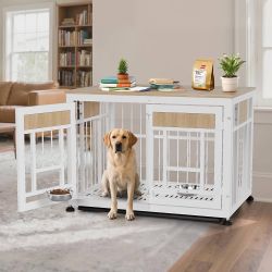Heavy Duty Dog Crate Furniture for Large Dogs, Decorative Pet House End Table with 2 Feeder Bowls, 42.9 Inch Large Wooden Cage Kennel Furniture Indoor