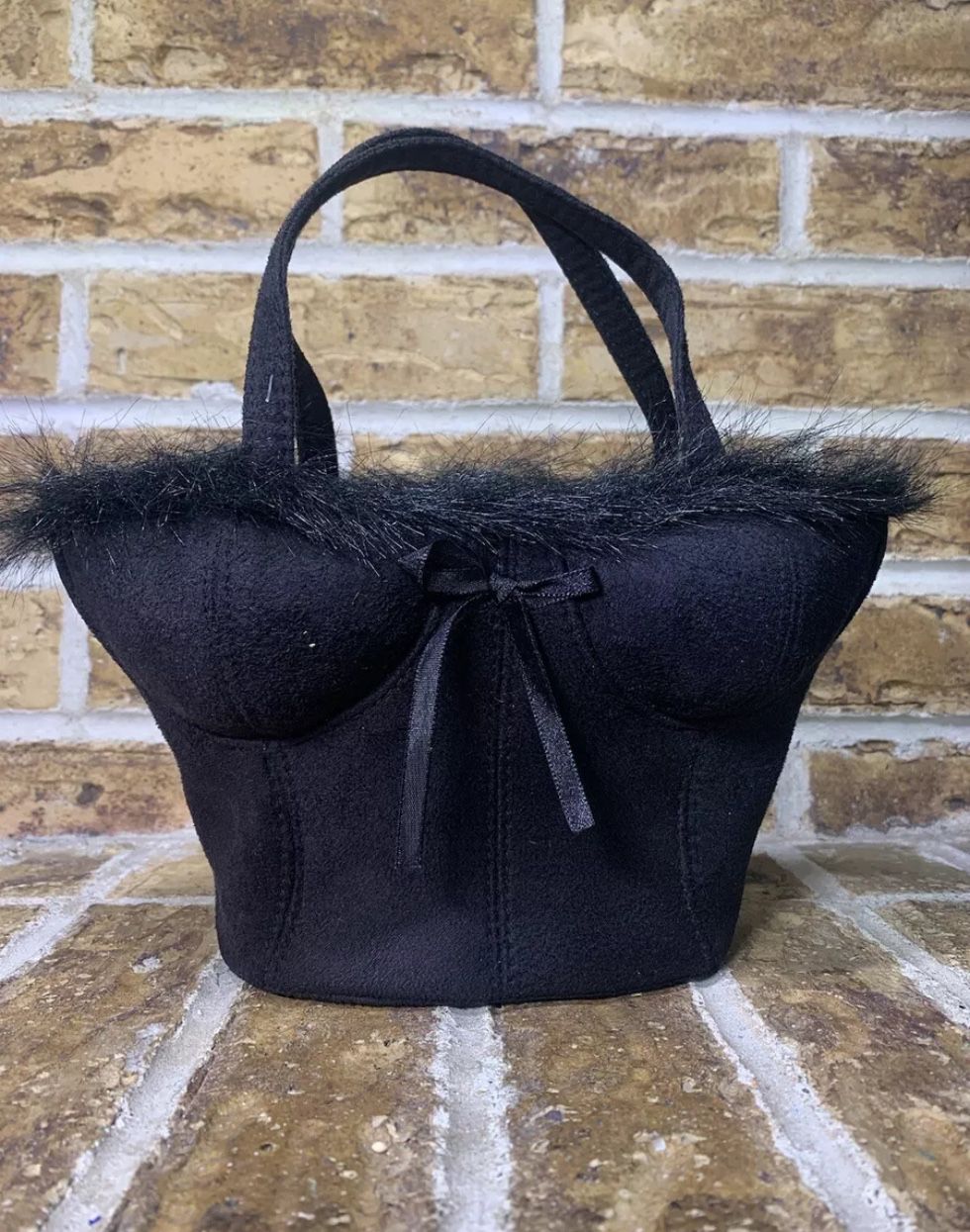Vintage Bustier Corset Style Handbag Purse Black Suede And Fur