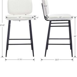 Mid Century Modern Bar Stools Set of 2, 26" Counter Height Barstools with Back, White Sherpa Armless Kitchen Island Chair with Metal Legs for Dining R