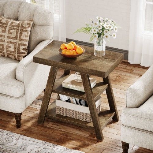 End Table, 3-Tier Sofa Side Table with Storage Shelf