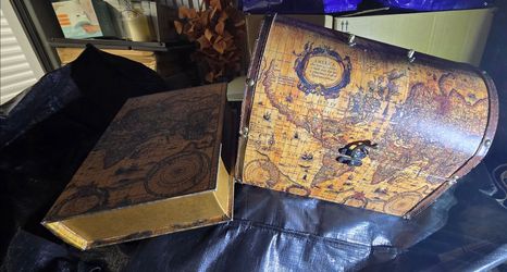 Two pieces Wooden World Map Treasure Chest Trinket Box and book form