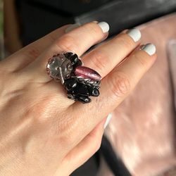 Handmade Black Pink Glass Metal Asymmetrical Cluster Cocktail Ring