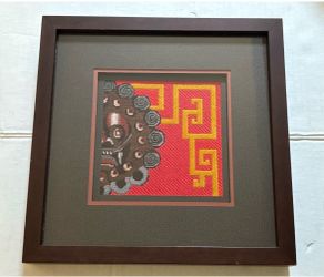 Chinese Framed Needlepoint Foo Dog Guardian Lion Framed Art Textile 12 x 12"