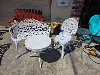 Vintage  cast iron bench victorian akuminum chair  and mcm table
