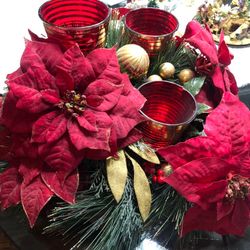 Christmas Poinsettia Centerpiece.  Holds 3 Candles.  