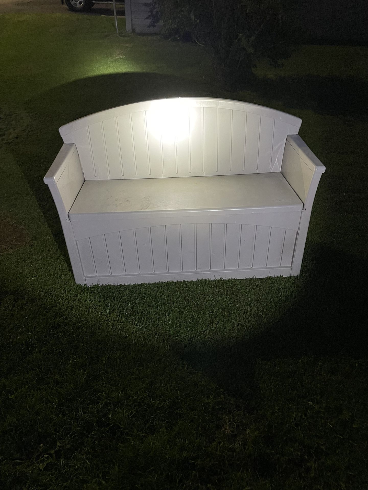 Brand new hard, plastic bench, and storage