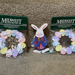 Vintage Jumping Jack Pull String Rabbit Bunny Wreath set of 3 Ornament Midwest 