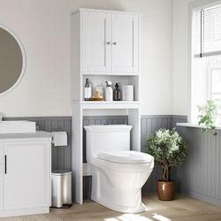 Over the Toilet Storage Cabinet, Bathroom Shelf Organizer with Anti-Tip Device Small Freestanding Space Saver with Adjustable Shelf，White