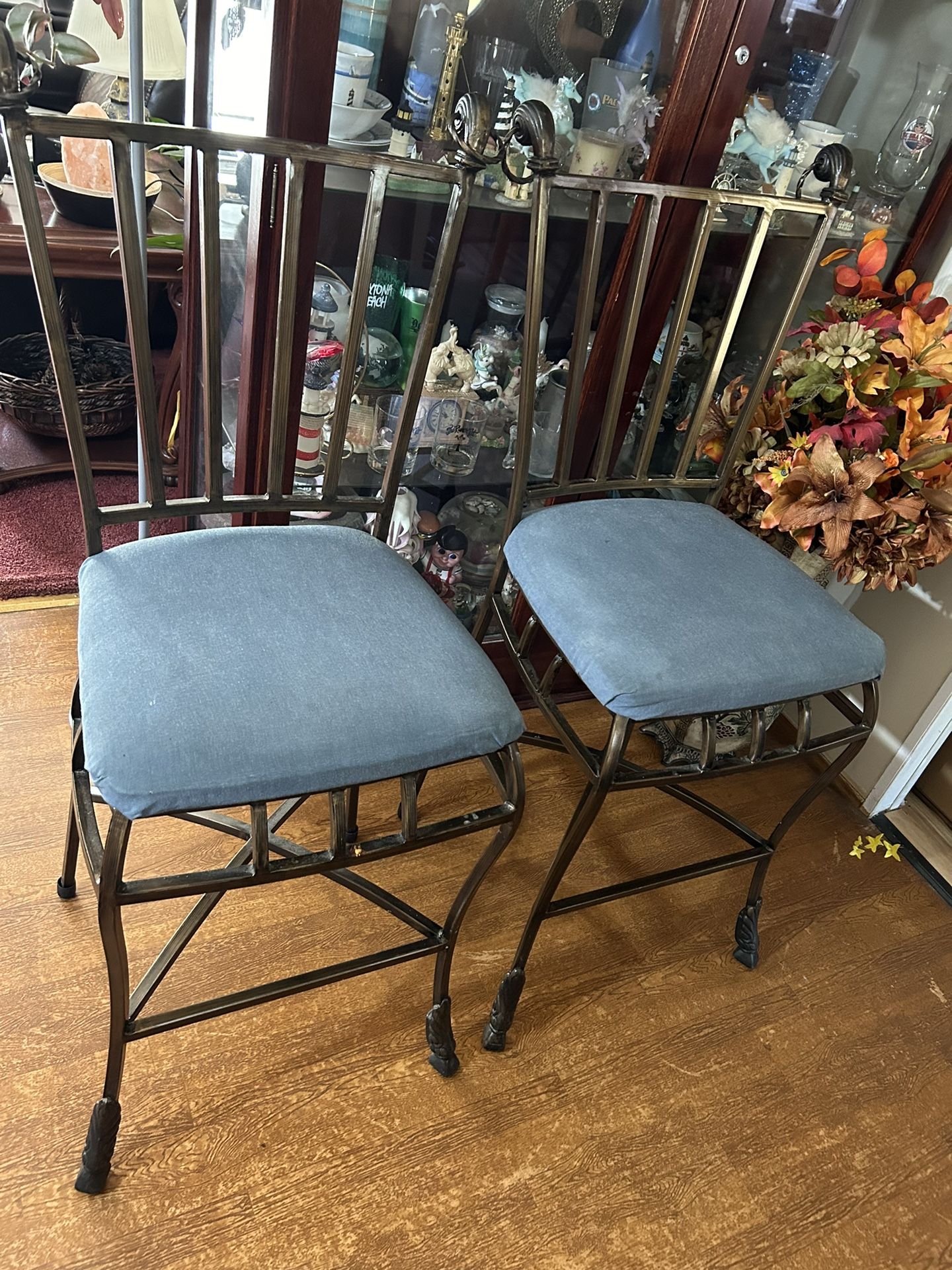IRON BAR STOOLS, CLOTH SEATS SET OF 2,