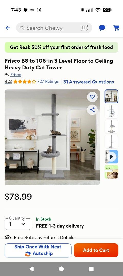 Frisco 88 to 106-in 3 Level Floor to Ceiling Heavy Duty Cat Tower